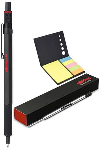rOtring 600 Kugelschreiber + Haftnotizen + Stiftmine (M) | Schwarze Tinte | Schwarzer Schaft mit rutschfestem gerändeltem Griff
