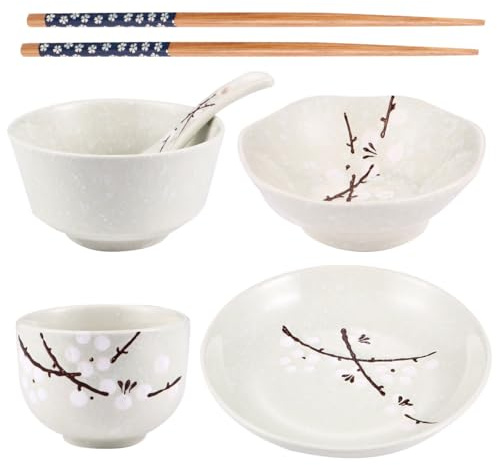Alipis Set Piatti Giapponesi in Ceramica la Casa, Completo 6 Pezzi Piatto, Ciotola, Tazza, Cucchiaio e Bacchette in Stile Giapponese Pratico e Sicuro