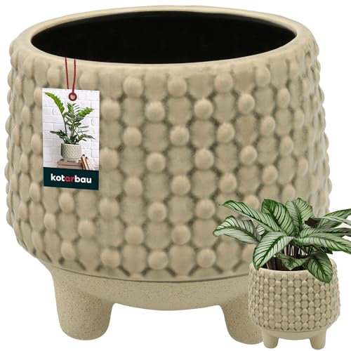 KOTARBAU® Blumentopf mit Füßen Creme Pflanzkübel Keramik Höhe 14 cm ⌀ 16 cm Blumentopf gross draussen & drinnen Pflanzentopf Pflanzgefäße für Wohnzimmer Blumen Übertopf Blumentopf Pflanzgefäß Beige