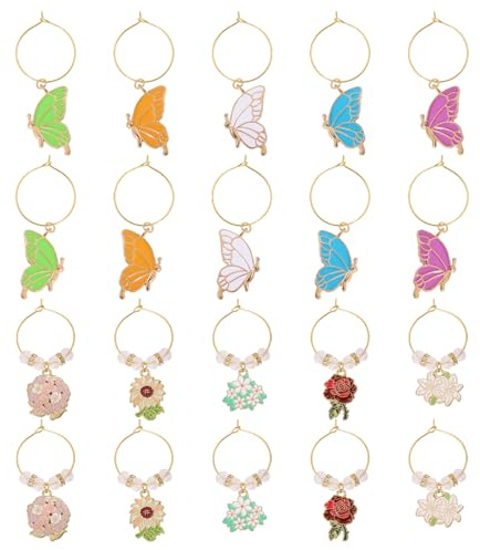 CHGCRAFT 20 Stück Weinanhänger Mit Schmetterling Und Blume Glasmarker Anhänger Set Legierungsanhänger Weinkennzeichnungsringe Getränkemarker Anhänger Für Kelch Weinverkostungszubehör
