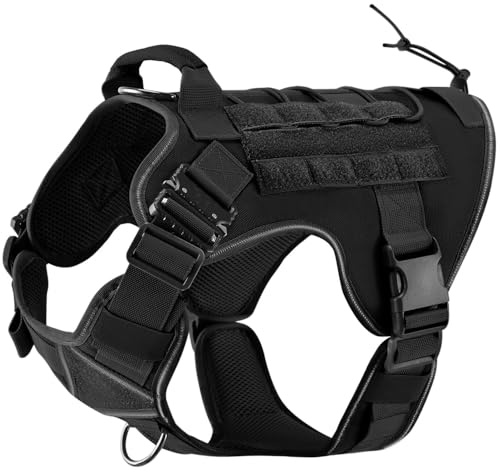 Patina Taktisches Hundegeschirr, 2X Metallschnalle, reflektierendes Hundegeschirr mit verstecktem Airtag-Halter und Griff, verstellbare No-Pull Service Hundeweste mit Molle & Loop Panels (schwarz, M)