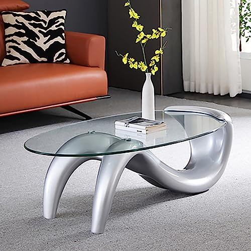 Mesa de centro ovalada de cristal, mesa de centro moderna de mediados de siglo para sala de estar, mesa de centro abstracta de cristal transparente, mesa de centro contemporánea para oficina en casa