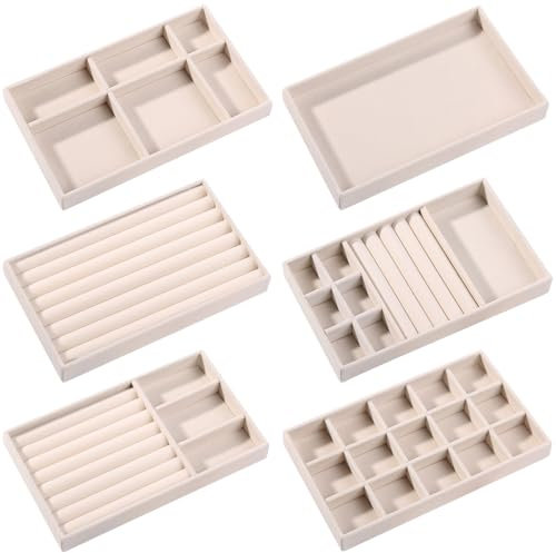 Duscdesp 6Pcs Schmucktablett,Schmuckaufbewahrung,Schmuck Organizer Schublade,Samt Stapelbar Schmuckeinsatz,Schmuckaufbewahrung Schublade für Ohrringe Ring Armband Broschen Halsketten (Beige)
