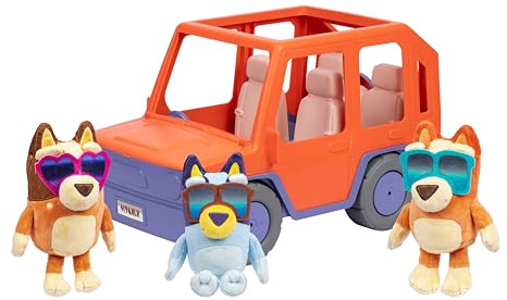 BlueY Blueys Freunde – großer Familienwagen mit der Heeler-Familie, Exklusive Plüschfiguren, Bingo und Chilli, mit Stickerbogen und Stauraum unter der Motorhaube, die Sich aufklappen lässt
