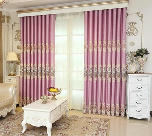 Wycian Fertiggardinen Gardinen 2er Set Lila Rosa Verdunkelung Blumen Bestickt H274 x B132 cm (2er Pack) Polyester