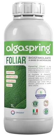 Algaspring Foliar Biostimolante Fogliare 1L - 100% Naturale a Base di Alghe e Microalghe | Agricoltura Biologica | Aumenta Fioritura, Crescita Fogliare, Ingrossamento Frutti e Resistenza agli Stress