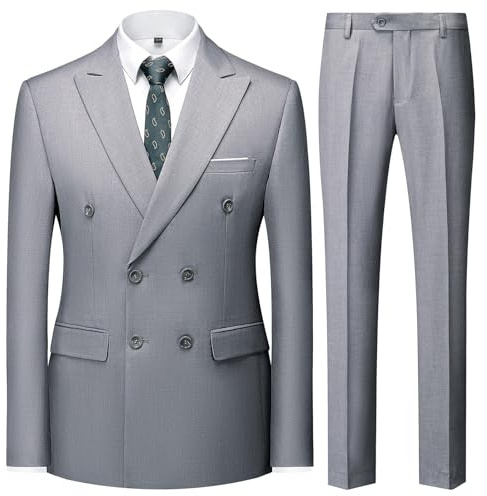 KUDMOL Men's 2-Piece Double Breasted Suit Peak Lapel Blazer Trousers Set | Classic Slim Fit Business Formal Suit Solid Elegant Outfit for Wedding Prom Office Party Dinner and Funeral