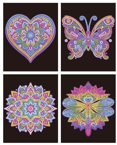 DIAMOND DOTZ DOTZIES 2594438 Original 5D Diamond Painting Set, Neon Mandalas, 4 bunte Diamant-Bilder mit Flock, Dotting-Kit für Kinder ab 6 Jahren, Beginner