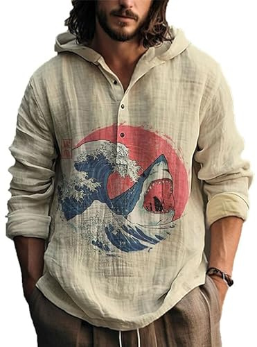 Camisas de Lino de Manga Larga para Hombre Estilo étnico Animales Marinos Peces Botones Estampados en 3D Tapeta Jersey de Medio cárdigan Blusa con Capucha Tops