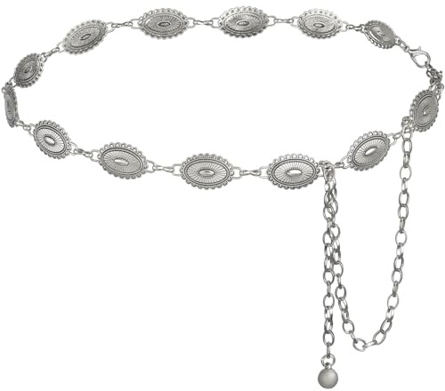 DRESHOW Western Metal Concho Bälte för Kvinnor Cowgirl Boho Concho Kedja Justerbar Silver Vintage Midjekedja för Kvinnor Till Klänningar Jeans och Countrykonserter