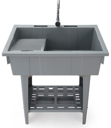 Lavandino autoportante in plastica con rubinetto, stazione di lavaggio per vasca da esterno per cortile, cantina, negozio e garage, kit completo di scarico incluso (blu)