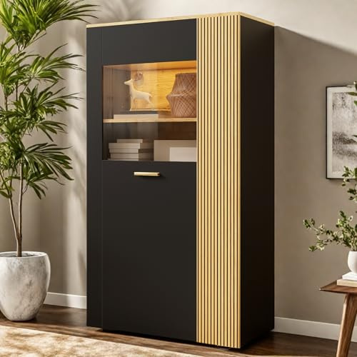 OLIVIBED Vitrinenschrank mit Türen, Moderne Vitrine mit Trennwände, Standvitrine mit Stauraum und Goldene Griffe, für Wohnzimmer, Esszimmer, Büro, 80x40x146cm, Holzfarbe und Schwarz