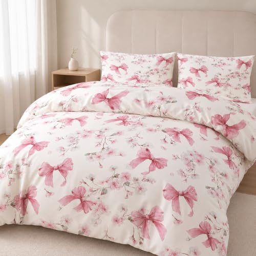 Vryxel Bow Reversible Bedding Double Duvet Cover Set Bed Zipper Pink White 200×200CM