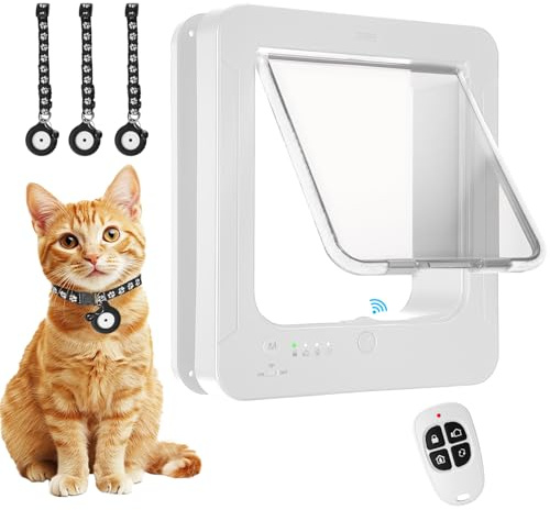 Smart Cat Door for Interior & Exterior, Cat Pet Door with 3 Collar Sensor Keys & 1 Remote Control & 4 Way Locking Cat Flap with RFID Collar Activated Opening