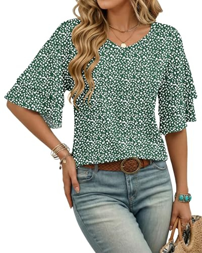 WNEEDU Magliette Donna Manica Corta Estivo T Shirt Collo a V Stampa Floreal Top Camicia Donna Elegante Maniche a Balze Taglio Ampio Casual Blusa Verde a Righe XXL