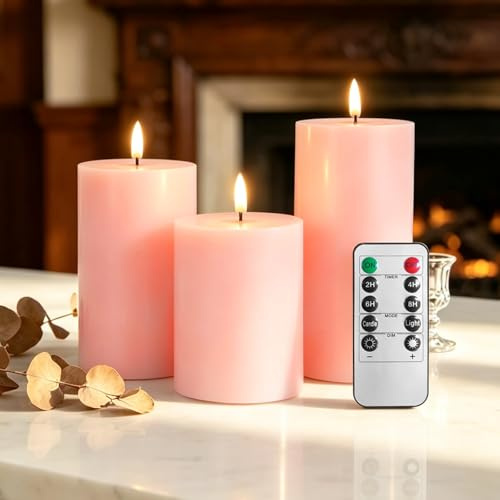 AiMok LED Kerzen Flammenlose, 3er Pack mit Fernbedienung, flackernde Säule Batteriebetriebener für Party, Zimmer, Wohnzimmer, Halloween, Weihnachten - Rosa