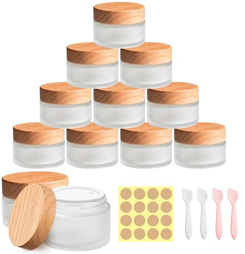 Dotilili 12 Pcs 30ml Frosted Glass Jars, Mini Empty Travel Cosmetic Containers with Lids Label&Spatulas, Refillable Sample Bottle Cosmetic Face Cream Pot Jars for Lip Balm, Lotion