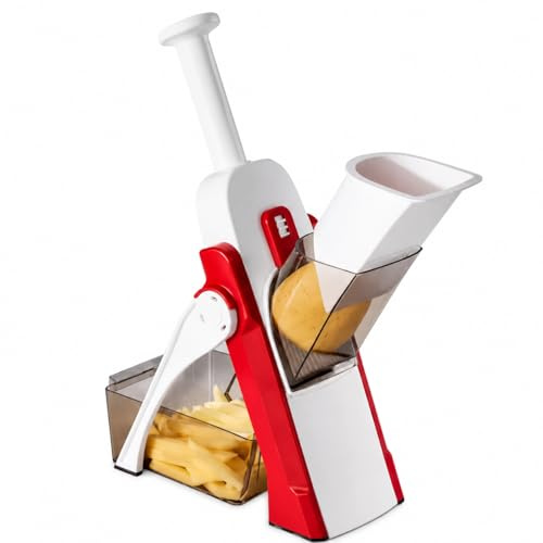 Parvam Foldable Mandoline Slicer Vegetable Cutter with Container, Adjustable Thickness Food Slicer, 4-in-1 Julienne Cutter, Dicer & Potato Chipper, Stainless Steel Blades, Dishwasher Safe, Red