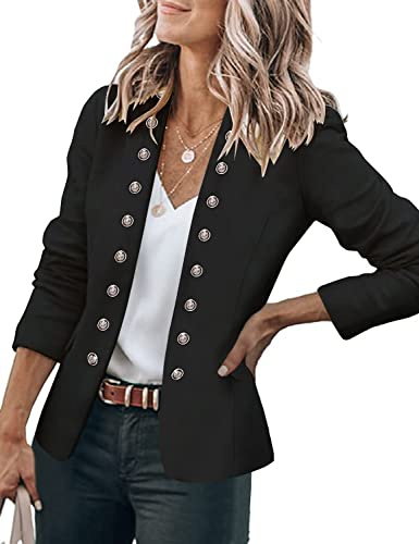 GRAPENT Women's Business Casual Buttons Pockets Open Front Blazer Suit Cardigan Black Size Large (US 12-14)