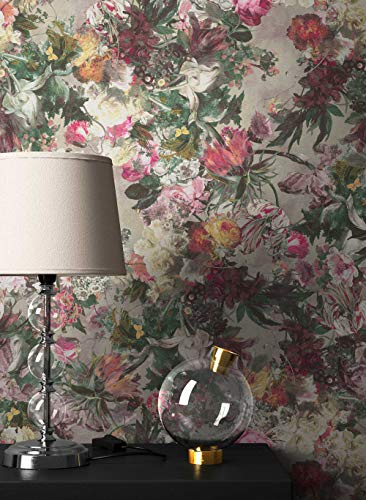 Newroom Vliestapete Bunt Blumentapete Vintage Landhausstil Wohnzimmer | Großformatiges Blumenbouquet, Rosen und Pfingstrosen, Rosa-Pink-Grün vor Beige-Grau, Mustertapete, Boho, Schlafzimmer