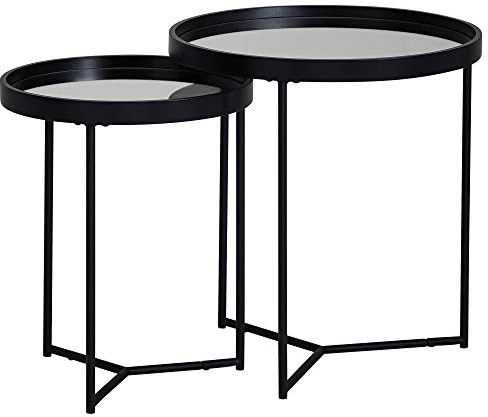 FineBuy Design Beistelltisch Rund Ø 50/36 cm - 2 teilig Schwarz mit Spiegel Glasplatte, Wohnzimmertisch 2er Set, Satztisch verspiegelt, Couchtisch