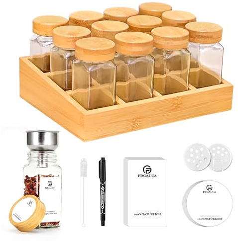 SIAZIH Umweltfreundliches Gewürzregal Holz mit 12 Bambusfächern | 12 120ml-Gewürzgläser Drawer Organizer | Gläsern Gewürzetiketten | Gewürzregal Stehend | Gewürz Organizer