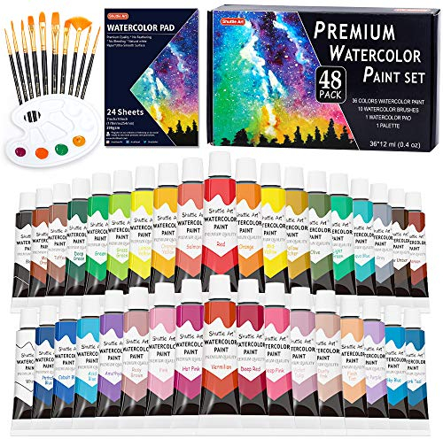 Shuttle Art 48 teiliges Wasserfarben Set, 36 Aquarellfarben in Tuben, je 12ml, flüssige Wasserfarben mit 10 Pinseln, Aquarellblock, Palette, Wasserfarben für Kinder, Erwachsene, Anfänger und Künstler