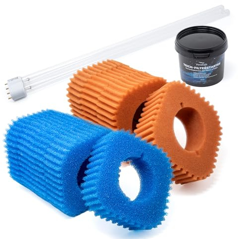 Pondlife Wartungspaket für Druckteichfilter, enthält Filterschwämme (5x grob (blau) & 4x fein (rot)), UVC Lampe 55 W 4-Pin U-Form, Filterstarter, kompatibel mit Oase FiltoClear 30000