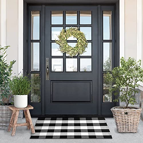 LILI REY Buffalo Plaid Teppich – 71,1 x 111,8 cm Indoor/Outdoor schwarz und weiß karierter Teppich, Outdoor Vorleger Veranda Teppiche Karo Schwarz Weiß Fußmatte