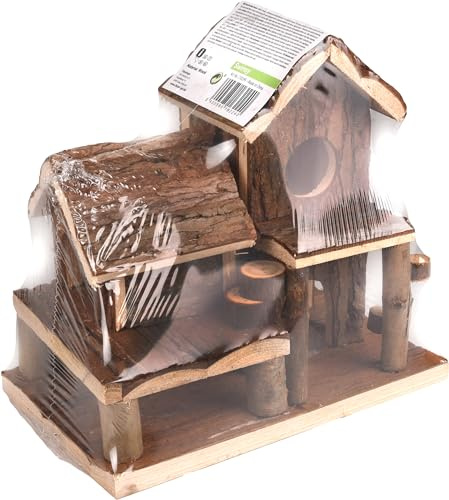 FLAMINGO Maison pour Rongeur Swinsy Bois Brun - 25x16x24,5cm - 2 étages - 4 Ouvertures - Maison en Haute est Amovible pour Nettoyage Facile
