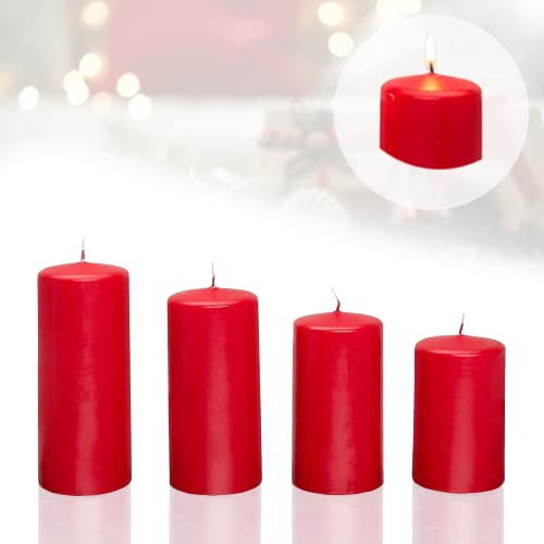 Candelo 4er Set Kerzen Weihnachten Ambiente Stumpenkerzen - Rot - 7,5/9/10,5/12cm - Weihnachtskerzen Adventskranz - Advent Kerze Weihnachtsdekoration