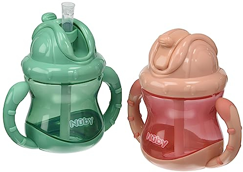 Nûby - Set von 2 Flip-it Trinkbecher mit auslaufsicheren Silikon-Trinkhalm - mit Griffen und Click-it Verschluss-System - 240ml - rosa und grün - 12+ Monate