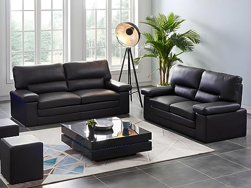 Vente-unique-Couchgarnitur Leder 3+2 - Büffelleder - Schwarz - Mimas