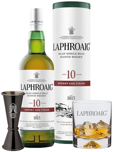 Laphroaig Whisky Glass & Jigger Gift Set | Laphroaig 10 Years Old Sherry Oak Finish | Single Malt Peated Scotch Whisky | Islay | Bourbon and Oloroso Sherry Oak Cask Matured | 48 Percent ABV | 70 cl