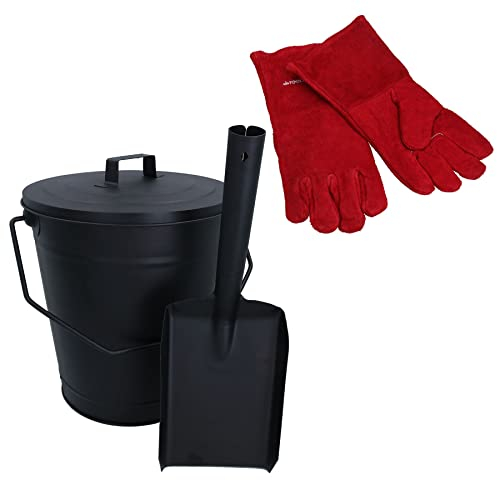 AB Tools Kohleneimer mit Deckel, 12,7 cm Schaufel und Handschuhe, Metall, Asche, ordentlich, Kohle, Feuerholzbrenner