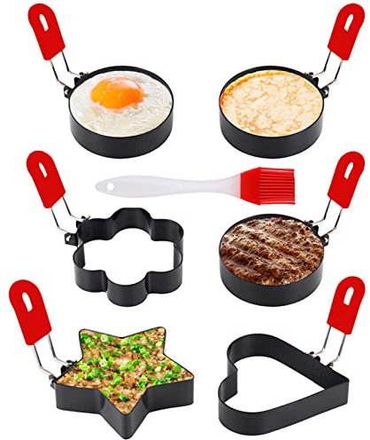 Stampi per uova,Stampi per uova fritte in acciaio inossidabile rotondi,Rivestimento antiaderente,con spazzola per la cottura dell'uovo al piatto frittelle frittelle,stampo pancake,Egg Rings