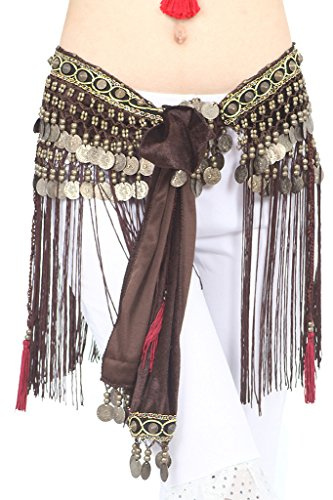 ZLTdream Women's Belly Dance Tribal Hip Scarf with Fringe Coins Flannel Coffee Plus Size