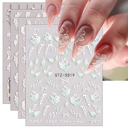 JMEOWIO 3D Nagelsticker Frühling Blume Nail Art Sticker Selbstklebend Nagelaufkleber 5D Stereoskopisch Buntes Sommer Blumen Dekoration Nageldesign Zubehör 4 Blatt