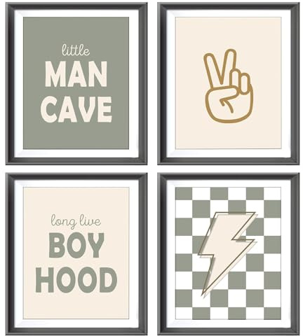 Little Man Cave Retro Preppy Checkered Lightning Peace Sign Long Live Boyhood Poster Prints for Boy Teen Room Dorm Decor,Preppy Decorations Prints Wall Art Unframed 4pcs 8x10inches,Teen Boys Gifts
