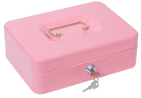Cash Box with Key, Money Tin Box with Tray, Lockable Money Saving Box for Home, Office and Events, 25 * 18 * 9cm Pink Large