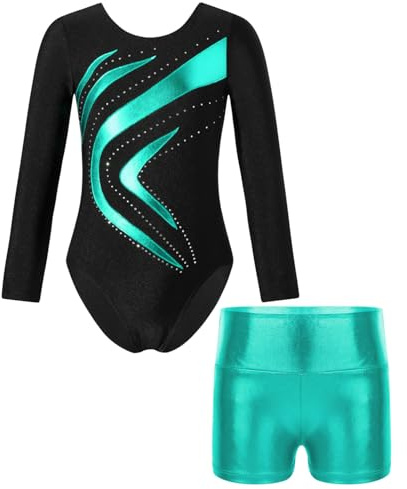 Oyolan Mädchen Kinder Gymnastikanzug Turnanzug Glitzernde Gymnastikbody Langarm Turntrikot mit Kurze Hose Tanzkostüm Z Blau Grün 122-128
