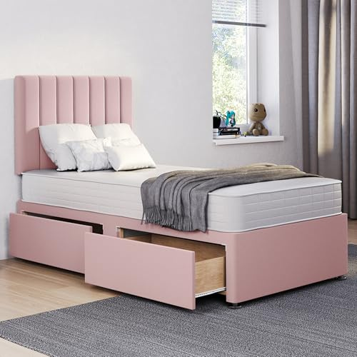 ComfoRest 3FT Single Bed with Mattress and storage drawers (x2) – Pink divan base and 24 inch Stripe headboard – orthopaedic, medium-firm 3FT mattress, UK made