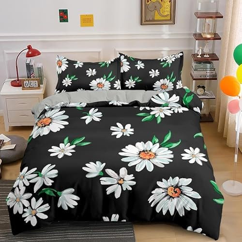 BJCJGGL King Size Duvet Set Black Chrysanthemum Bedding Set for Aldult Kids - Duvet Cover with Zipper Closure and 2 Pillowcases 19.7x 29.5 - Soft Breathable Microfiber Quilt Cover 90.5x 86.6