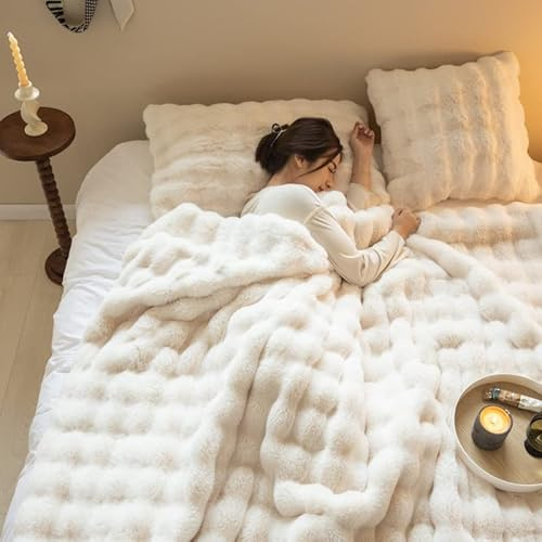 Bubble Decke Fellimitat Kuscheldecke Flauschig Flauschige Fluffy Blanket für Bett Sofa Casual (Weiß, 160 * 200cm)