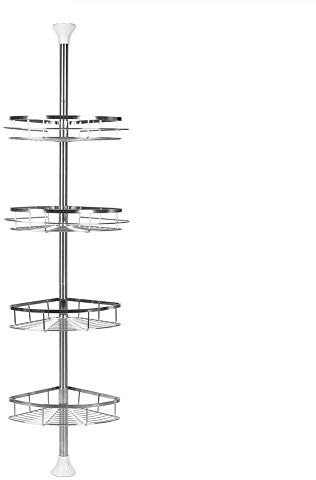 OHMG Teleskop-Eckregal, höhenverstellbar, Eckregal für Badezimmer aus Edelstahl, ohne Bohren, vom Boden bis zur Decke, 4 Ablagen, 2 Handtuchhalter (110 – 280 cm)