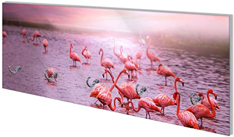 Wallario Wandgarderobe aus Glas in Größe 80 x 30 cm mit Memoboard-Funktion, Motiv: Rosa Flamingos bei Sonnenuntergang | 5 Kleiderhaken zum Aufhängen von Jacken