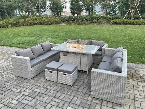 FMSGarden Light Grey U Shape Lounge Sofa Set 9 Seats Dining Set With Gas Heater Fire pit Burner 2 PC Small Footstool