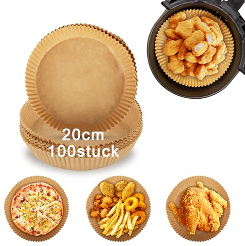 20CM 100 fogli carta forno per friggitrice ad aria,teglie per friggitrice ad aria,adatto per Airfryer, microonde e forno, con rivestimento in pergamena, per una preparazione e pulizia facili