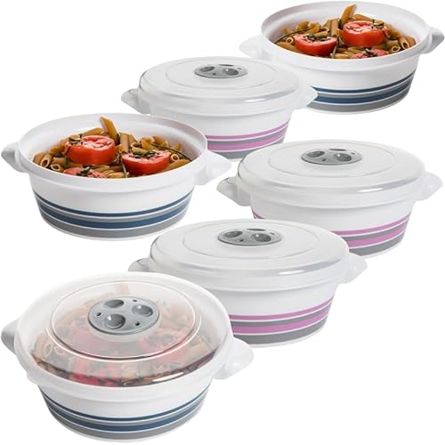 SUSTANIA Mikrowellengeschirr mit Deckel, Dampfregelventil und Griff, 6er Set Mikrowellen Geschirr Set, 6 Stück V = 1l, aus lebensmittelechtem Kunststoff, BPA-frei – Spülmaschinenfest (Mehrfarbig)