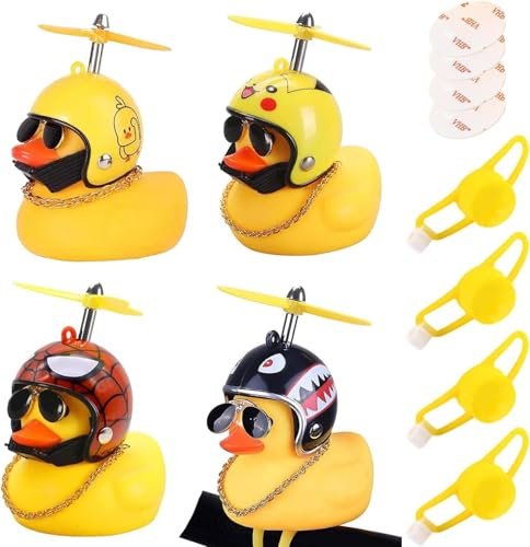 HESUSUSI Lot de 4 canards en caoutchouc jaune pour vélo, ornement de voiture, canard, avec hélice et sangle de fixation, pour voiture, vélo, maison